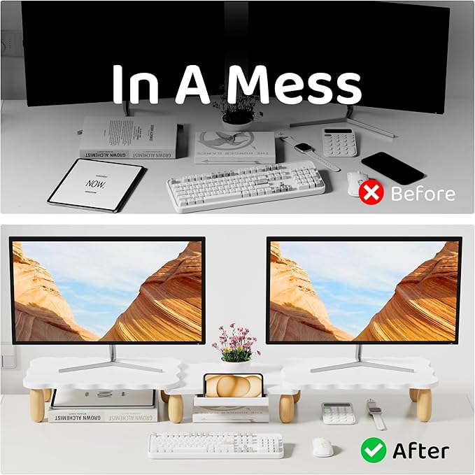 Dual Monitor Riser, Cookie-Shaped Adjustable Length & Swivel Angle, Wooden Desktop Organizer for 2 Monitors,Monitor Stand with Drawer for Laptop, PC, Computer, Printer,White