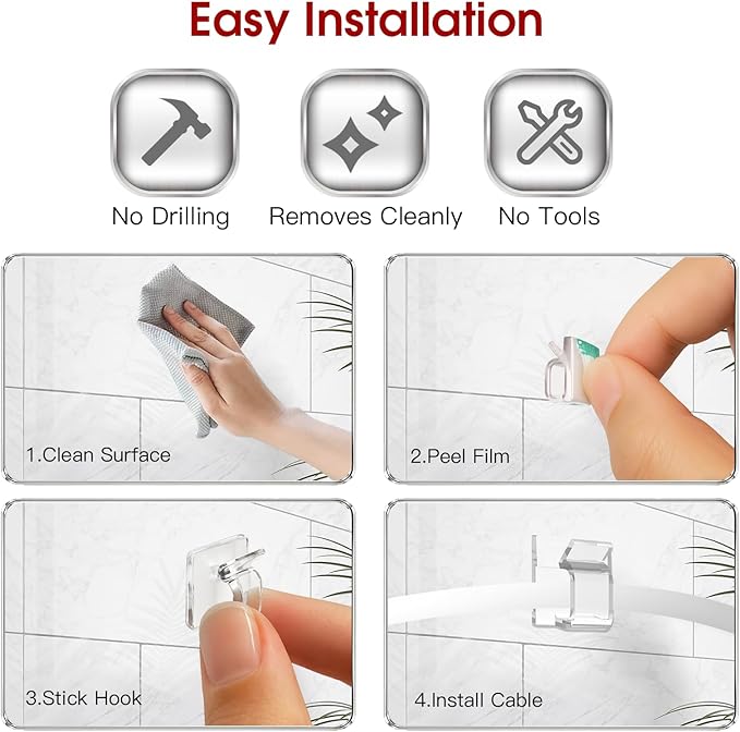 120PCS Heavy-Duty Adhesive Cable Clips, Clear Traceless Cord Organizer & Wire Holders for Wall, Desk, Car, LED Strips and Outdoor Lights (Small)