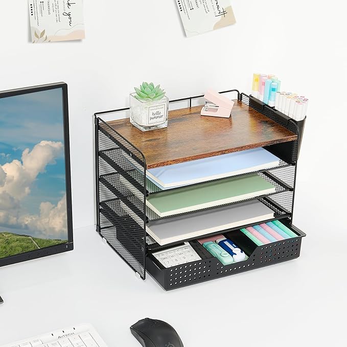 Wood Desk Organizer and Accessories, 5-Tier Paper Letter Tray Organizer with Drawer & 2 Pen Holders for Desktop File Organization, Office Desk Accessories for Supplies Storage (Wood)