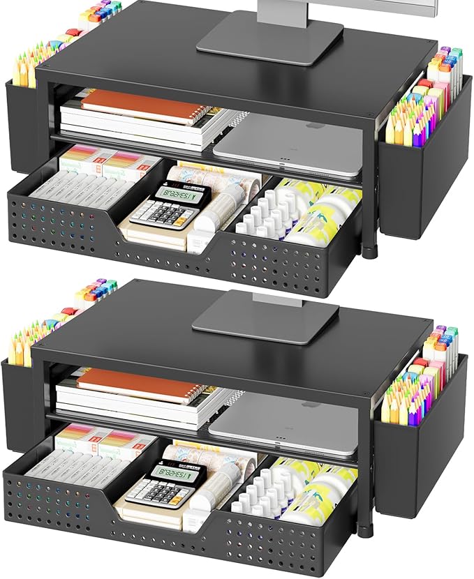 OPNICE Desk Organizer and Accessories, 2-Tier Computer Monitor Stand Riser with Drawer and 2 Pen Holders, Laptop Stand, Office Desk Accessories for Office Supplies, Black – Hot Seller 2Pack