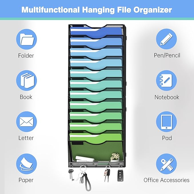 Kuntine.B Wall File Organizer Office Hanging Magazine Holder Wall File Organizer for Office Home (Black, 13 Tier & Key Holders)
