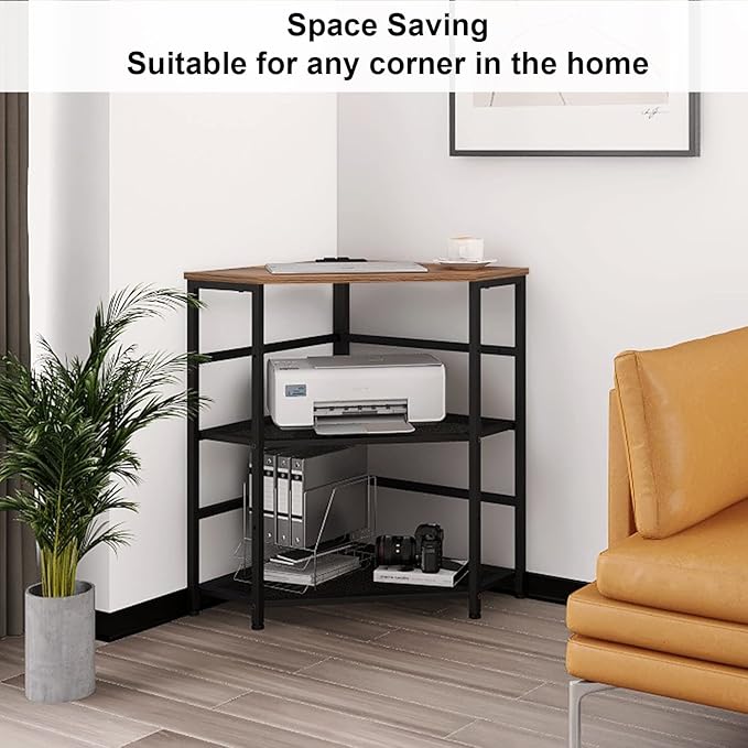 VEDECASA Corner Printer Stand Table with Power Outlet Charging Plugs USB Port Adjustable Storage Shelf Computer Tower CPU Stand Holder for Home Office (Brown)