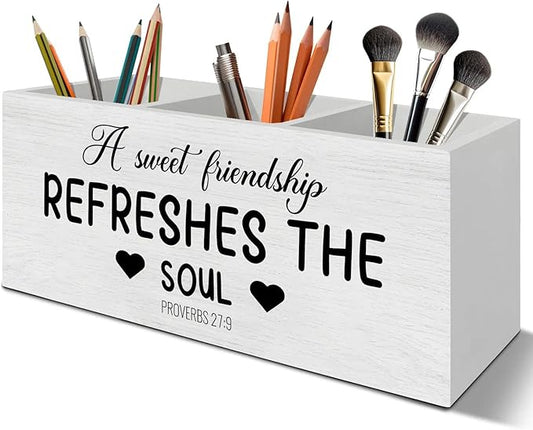 a Sweet Friendship Refreshes the Soul Christian Pen Pencil Holder Organizer for Desk Accessories, Christian Gifts for Friends Wooden Box Signs Decorations for Home Office Desk Tabletop