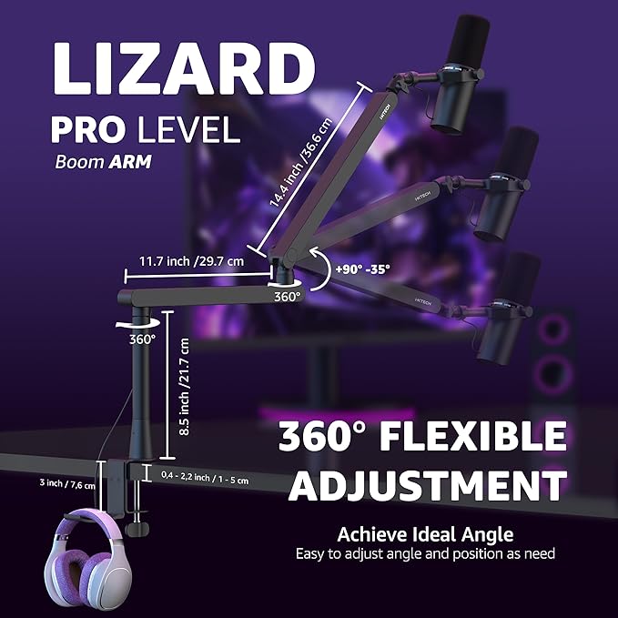 IXTECH Mic Boom Arm Stand LP Microphone Stand Low Profile Microphone Arm Adjustable for Blue Yeti Shure Sm7b Hyperx QuadCast Rode Fifine and At2020 360° Mic Arm for Gaming Podcasting.