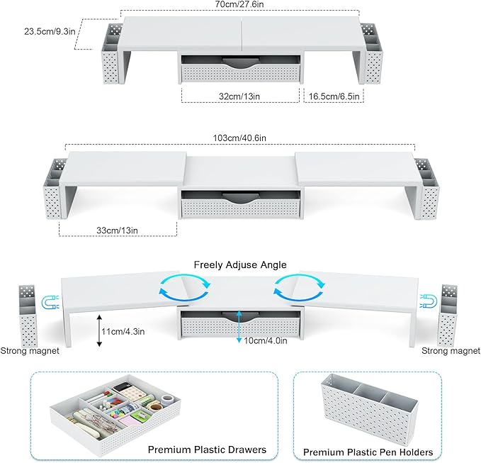 Spacrea Metal Desk Organizers and Accessories, Dual Monitor Stand Riser with Drawer and 2 Pen Holders, Desk Accessories & Workspace Desktop Organizers for Office Supplies (White)