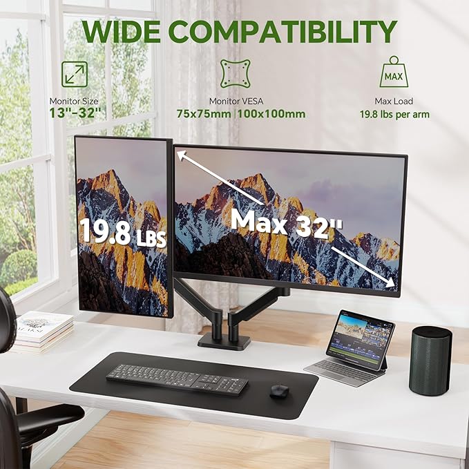 Dual Monitor Arm Desk Mount for 13-32 Inch Computer Screens, Full Adjustable Dual Monitor Stand Supports 4.4-19.8 lbs Computer Desk Mount, 75/100mm VESA Mount with C Clamp, Black