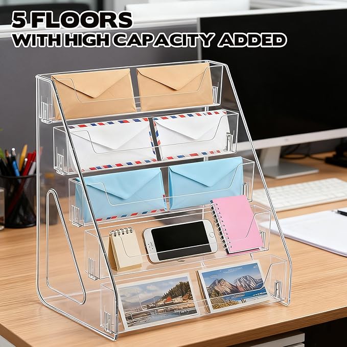 5-Tier Mail Organizer Countertop Laddered Acrylic File Mail Desktop Organizer Sorters Clear Letter Holder Multifunctional Desk File Storage Holders Envelope Folder Racks for Office Home School
