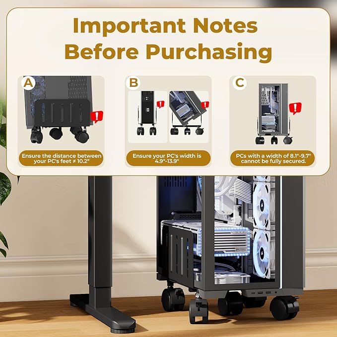 JOY worker Computer Tower Stand, 4.9 to 13.9 inch Wide Adjustable Mobile PC Cart with 5 Wheels, Steel Tower Floor Stand Holds Up to 66 lbs, Rolling Gaming CPU Holder Under Desk, Black