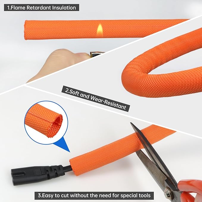 Split Braided Cable Sleeve，Flexible Wire Loom Tubing, Automotive Cord Protector Pet Proof, Cable Management for Computer TV Electric Wires Harness 16ft (Orange, 8mm（5/16")