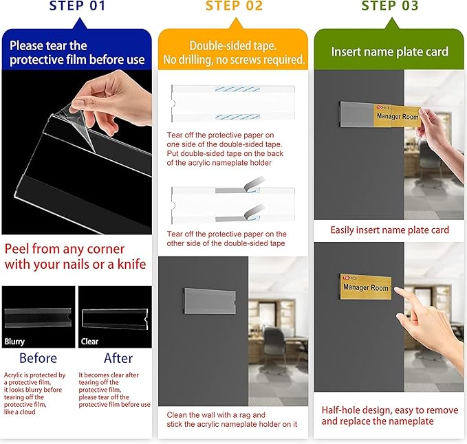 TONICE 6 Pack Acrylic Desk 2x8 Nameplate Holders, Acrylic Nameplate Holders, Wall Mount Transparent Nameplate Holders, Office Name Holders