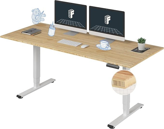 FlexiSpot E6 Bamboo 3-Stage Dual Motor 72 x 30 Electric Standing Desk Sit Stand Up Desk, Holds 220 lbs, Adjustable Height w/ Memory Presets, Solid Bamboo Desktop & White Frame, Ships in 2 Boxes
