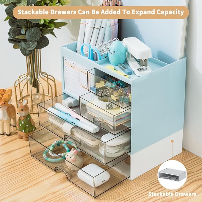 Desk Organizer with 3 Drawer, Multi-Functional Pencil Pen Holder for Desk, Desk Organizers and Storage with 8 Compartments, Desktop Organizer for Office Home Art Supplies (Blue)