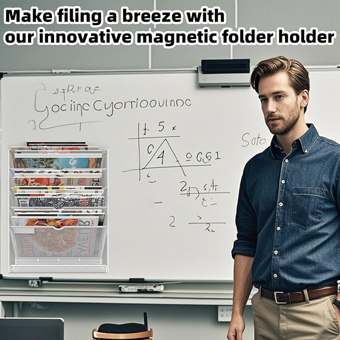 6 Tier Magnetic File Holder, No Drilling Installation File Cabinet Organizer,Black Magnetic File Holders, Magnetic Paper Holder for Refrigerator,File Cabinets, Whiteboard, White