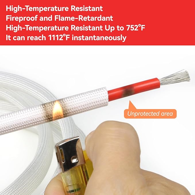 Braided Fiberglass Sleeve, 10ft High Temp Cable Sleeve, Flexible Cable Management Cable Protector for Car Wire Loom Protection (White, 1")