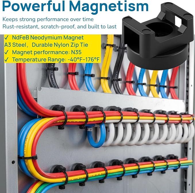 225 Pieces Magnetic Cable Ties Set, 25 Magnetic Zip Tie Mounts with 200 Cable Ties, Strong Wire Holder Cables Management, Multipurpose Electrical Cord Holders Organizer (22mm)