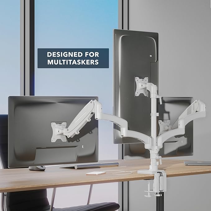 Mount-It! Triple Monitor Mount with USB-C and USB-A Ports, 3 Monitor Desk Mount with Gas Spring Arms for Easy Height Adjustment, Full Motion Design Supports Computer Monitors Up to 32", White