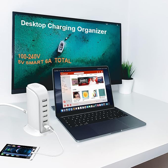 Charging Station for Multiple Devices 40W Upoy, Wall Charger Block 5 USB Ports(Shared 6A), USB Charging Hub Smart IC, Charger Tower with Type-C 3A for iPhone iPad Tablets Smartphones, Home Office Use
