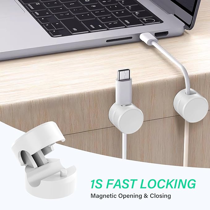 Cable Organizer Clips, 6 Pack Adhesive Cable Management Holders with Double-Sided Tape, Non-Rotating Cord Organizer for Desk, Office, Home to Tidy Charging Cables, Computer Wires (White)