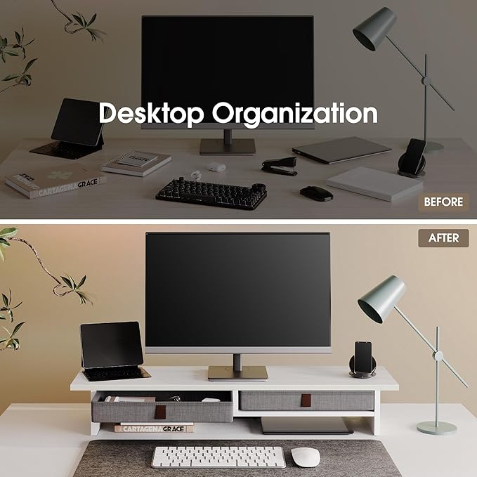 Fenge Monitor Stand with Drawer, 2 Tiers Dual Monitor Riser for Desk, 35 Inch Computer Stand for 2 Monitors, Desk Shelf for Home, Office, Laptop, PC, TV, Printer