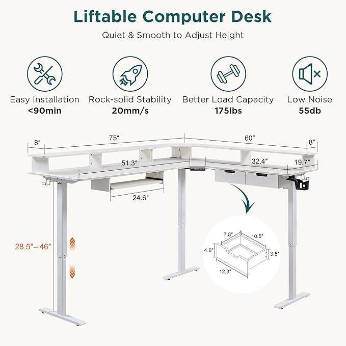 RedLemon 75X60 Inches L Shaped Electric Standing Desk, Height Adjustable Corner Gaming Desk with Drawers, Keyboard Tray, Power Outlets & LED Lights, Computer Desk with Monitor Shelf, Antique White
