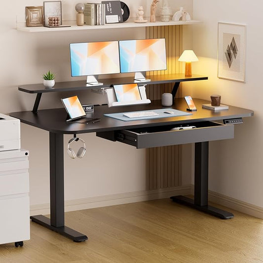 GTRACING Electric Standing Desk with Drawers, 55 x 24 Inches Height Adjustable Computer Desk with Monitor Stand, Laptop Stand, Sit Stand up Desk with Memory Preset for Home, Office, Black
