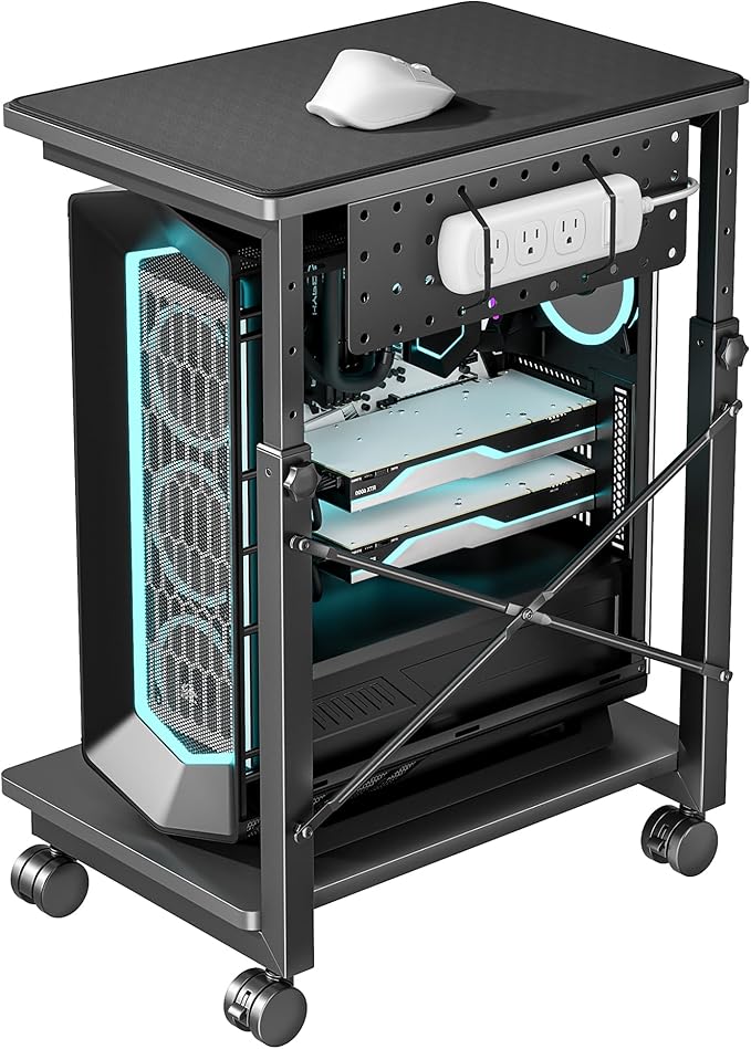 ARES WING Height Adjustable Computer Tower Stand, 2-Tier PC Tower Stand for Most PC, CPU Holder Cart with Locking Wheels for Gaming Home Office, 21.7"-33.5" Height