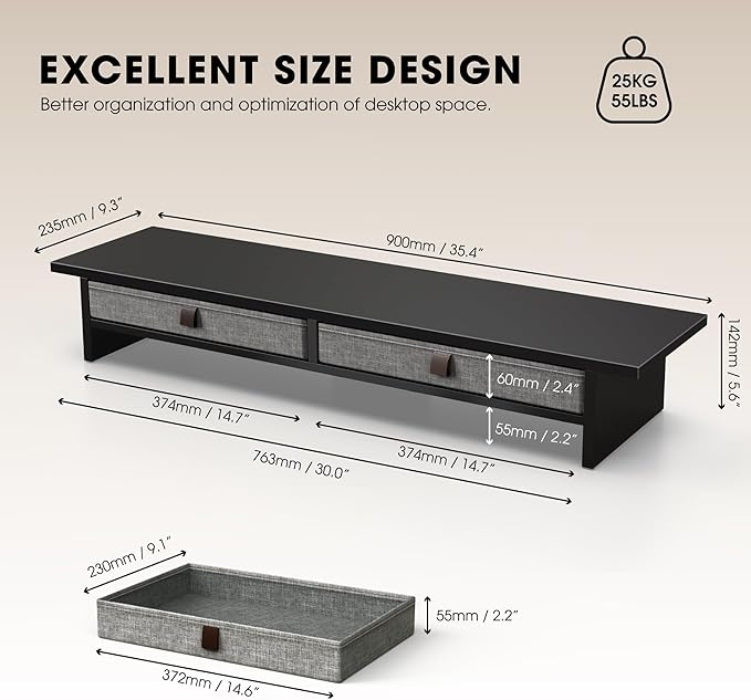 Fenge Monitor Stand with Drawer, 2 Tiers Dual Monitor Riser for Desk, 35 Inch Computer Stand for 2 Monitors, Desk Shelf for Home, Office, Laptop, PC, TV, Printer