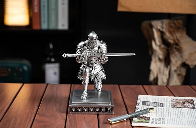 Medieval Armored Warrior Knight Pen Holder Desk Organizers and Accessories Resin Pencil Holder Paperweight as Gift with a Cool Letter Opener for Desk (Silver)