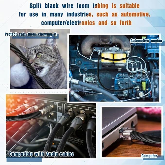 Sasylvia 1/4", 1/2", 3/8" x 100 Ft Split Wire Loom Tubing Automotive Wire Loom Assortment Split Cable Sleeves Bulk Flexible Electrical Conduit Protective Kit