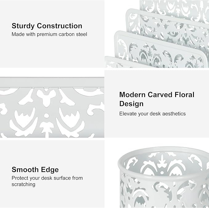 EasyPAG Desk Organizers and Accessories 3 Pieces Office Organizer Set - Pen Holder for Desk, Mail Sorter Countertop and Sticky Note Holder, White