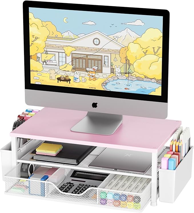 OPNICE Desk Organizers and Accessories, 2-Tier Computer Monitor Stand Riser with Drawer and 2 Pen Holders, Laptop Stand, Office Desk Accessories for Office Supplies, Pink Wood