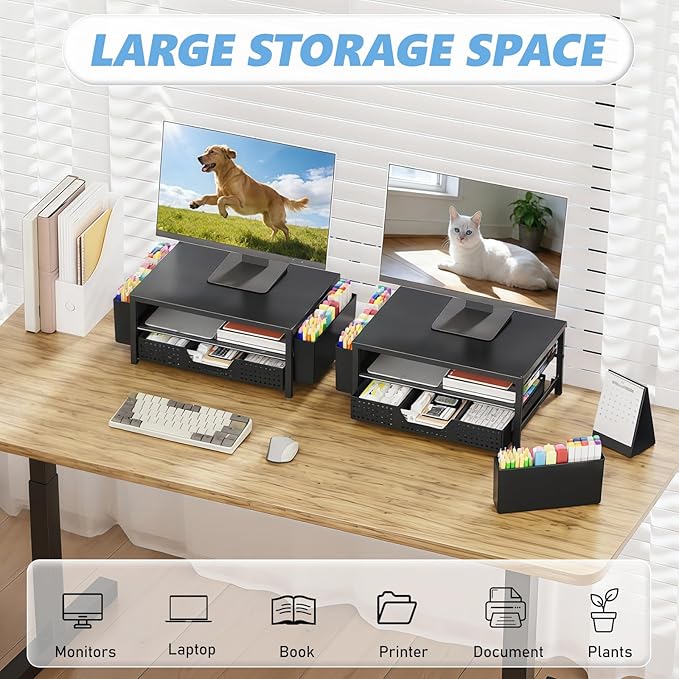 OPNICE Desk Organizer, 2-Tier Computer Monitor Stand Riser with Drawer and 2 Pen Holders, Laptop Stand, Office Desk Accessories for Office Supplies, Black – Hot Seller