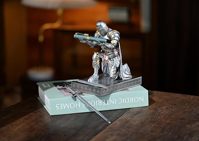 Medieval Templar Vanguard Officer Knight Pen Holder Pen Stand Desk Organizers and Accessories Resin Mobile Phone Stand as Gift for Office and Home Desk Organizer (Silver)