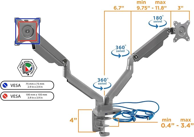 Mount-It! Dual Monitor Arm Mount Desk Stand | 2 x 3.0 USB Ports | Articulating Mechanical Spring Height Adjustable | Fits Two 24 27 29 30 32 Inch VESA 75 100 Compatible Screens | C-Clamp and Grommet