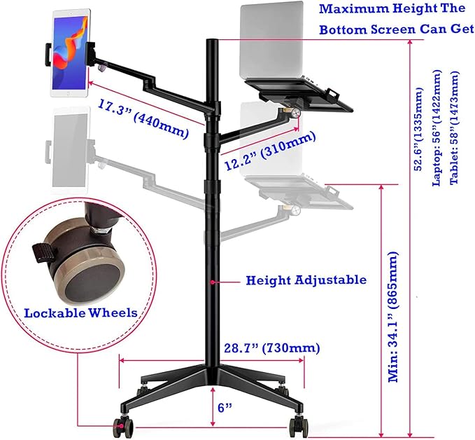 Dual Arm Height Adjustable Stand Mount with Rolling Wheel for Laptop 11-17 inch and Compatible with ipad,iPad mini.ipad pro 12.9 inch,Tablet,Ereader (Black 4 Legs)