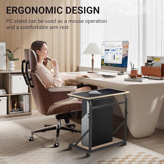 Computer Tower Stand, 2-Tier CPU Stand with Lockable Wheels, Adjustable Height PC Stand for Floor, Mobile PC Laptop Standing Table for Home Office (White Maple)