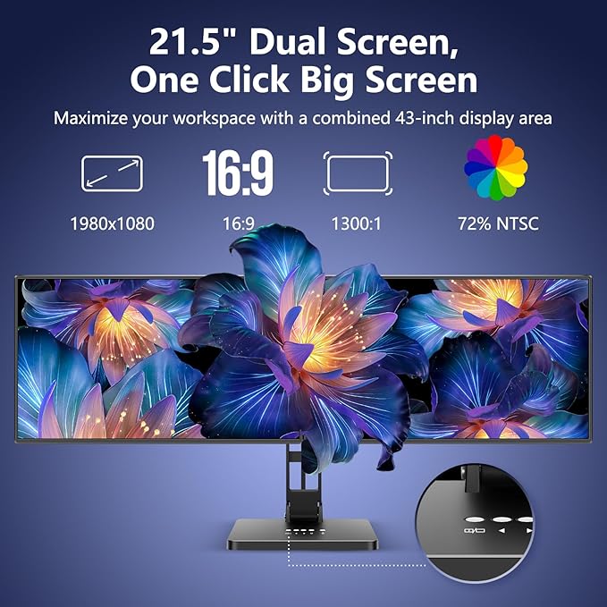 DEPGI 21" Laptop Screen Extender, Freestanding Laptop Screen Extender, 2x21 FHD IPS Extended Monitor Versatile Dual & One-Click Mirror Modes for All 13-17" Laptops (Mac/Windows/M1-M3 Compatible)