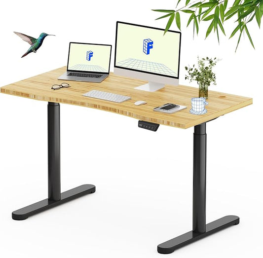 FLEXISPOT Bamboo Electric Standing Desk with Elegant Oval Legs & Curved Desktop, 48"x24" Height Adjustable Desk for Home Office & Living Spaces, Black Frame