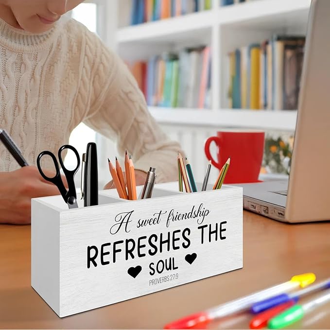 a Sweet Friendship Refreshes the Soul Christian Pen Pencil Holder Organizer for Desk Accessories, Christian Gifts for Friends Wooden Box Signs Decorations for Home Office Desk Tabletop