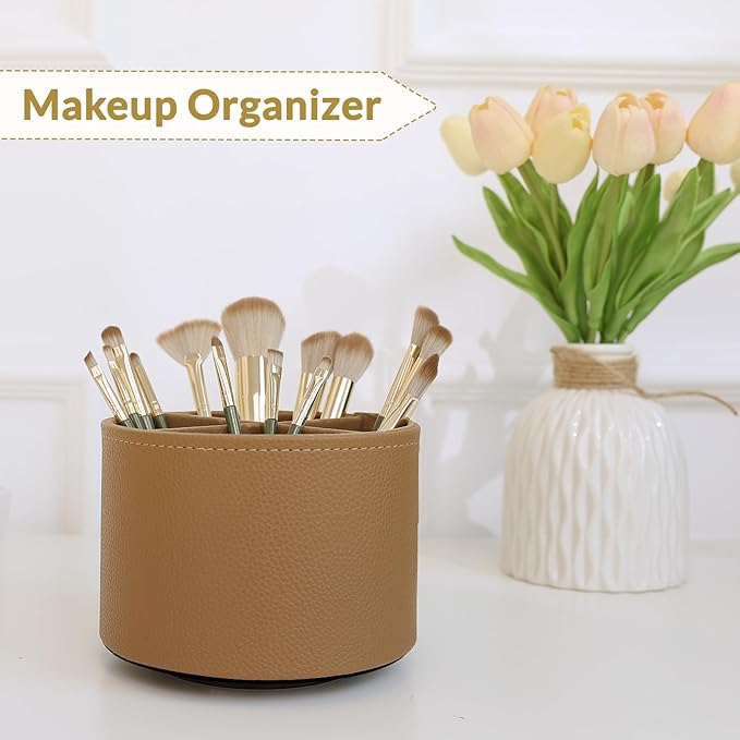 SKYDUE Rotating Pencil Pen Holder, PU Pen Organizer with 4 Slots - Desk Organizer and Accessories for School, Home, Office Supplies