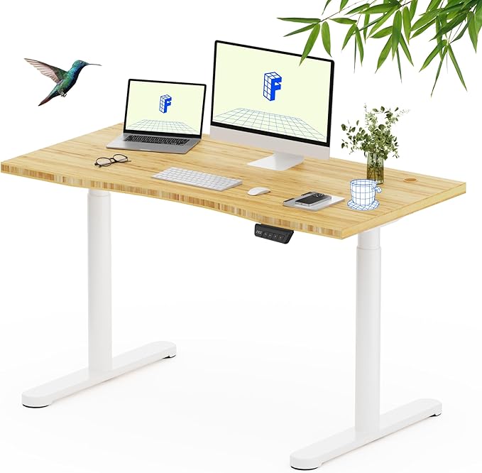 FLEXISPOT Bamboo Electric Standing Desk with Elegant Oval Legs & Curved Desktop, 48"x24" Height Adjustable Desk for Home Office & Living Spaces, White Frame