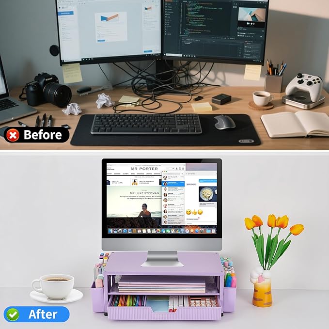 Desk Organizer and Accessories, 2-Tier Computer Monitor Stand Rise with Storage Drawer & 2 Pen Holders, Laptop & Printer Stand for Desktop, Workspace Organizers for Office Supplies (Purple)