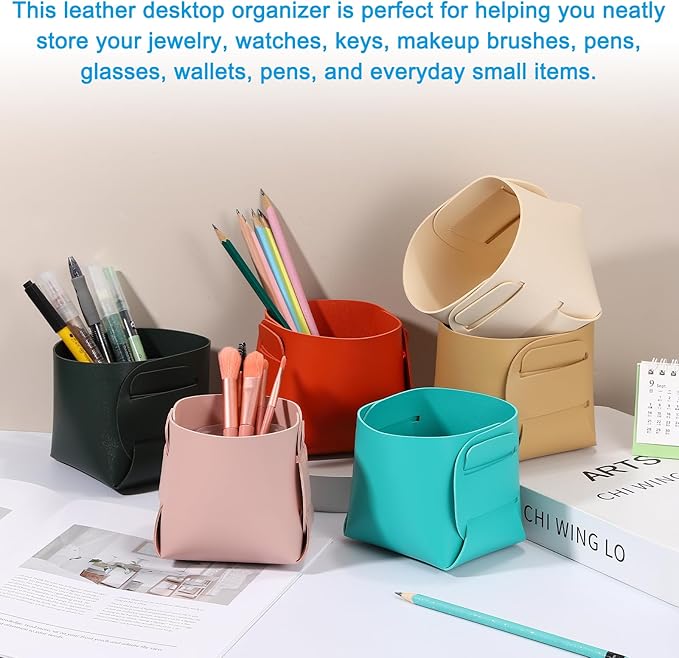 PATIKIL 2Pack Leather Desk Organizer, Leather Pencil Pen Holder Jewelry Valet Tray Hair Accessories Organizer for Bedroom Drawer Office Key Wallet Watch Pen Pencil Glasses, Orange