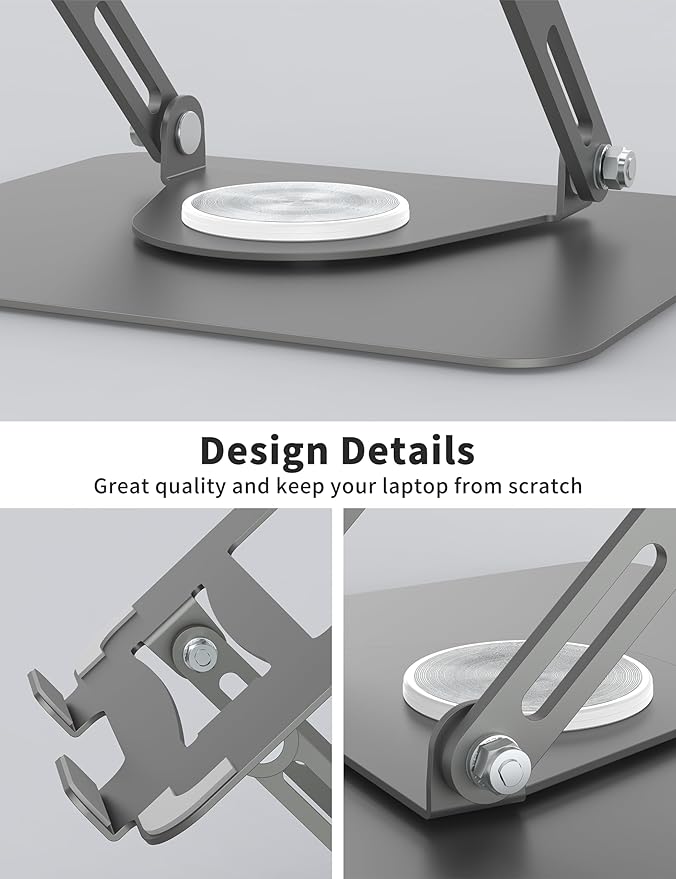ALASHI Laptop Stand for Desk with 360° Rotating Base, Multi-Angle Adjustable Laptop Stands, Foldable Laptop Riser Compatible with 10 to 15.6 Inches PC Computer, Grey