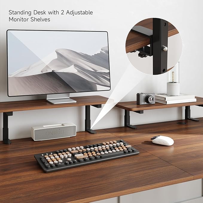 ONBRILL Standing Desk with 2 Adjustable Monitor Shelves, 63 x 24 Inches Electric Stand Up Desk with Memory Controller and Adjustable Height from 28-46 inches for Computer Workstations, Walnut