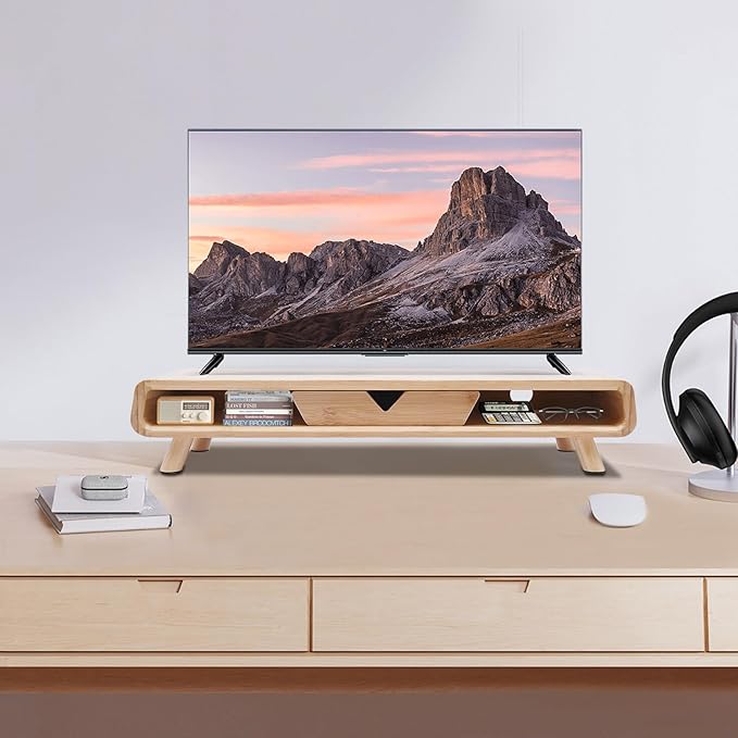 Monitor Stand,Bamboo Monitor Stand Riser with Drawer,Desk Shelf for PC Computer Monitor, Laptops, Printer, Speakers,No Assembly Required,Ergonomic Height