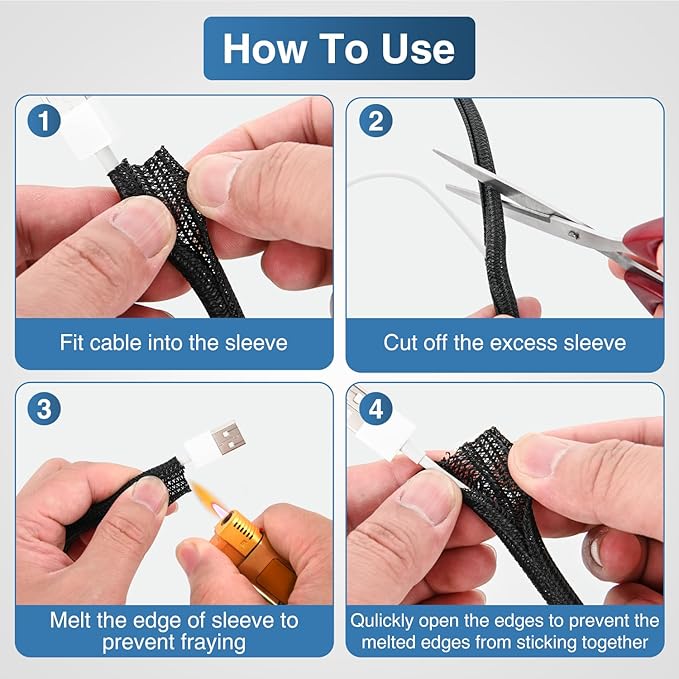 Nilight Cable Sleeve, 10ft-1/4inch Cord Management Sleeves, Braided Sleeving, Split Self Wrapping Wire Loom for Computer Electrical Automotive Harness Protector Organizer, Black