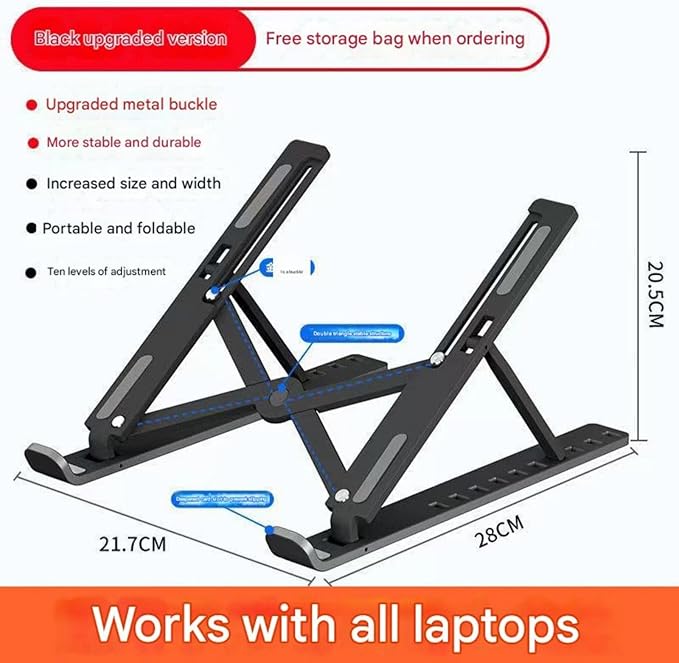 Portable Foldable Aluminum Alloy Tablet·Laptop Stand｜7 Levels of Lifting·Non-Slip and wear-Resistant·Ultra-Thin and Lightweight·Essential for Office·Home·Travel·Students (Black,Plastic)