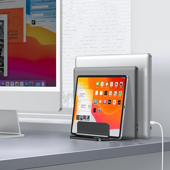 OMOTON 3-Slot Vertical Laptop Stand, Desktop Aluminum Stand for MacBook with Adjustable Dock Size, Fits All MacBook, Surface, Chromebook and Gaming Laptops (Up to 17.3 inches), Black