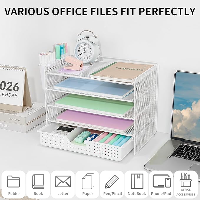 Desk Organizer and Accessories, 5-Tier Paper Letter Tray Organizer with Drawer & 2 Pen Holders for Desktop File Organization, Office Desk Accessories for Supplies Storage (White)